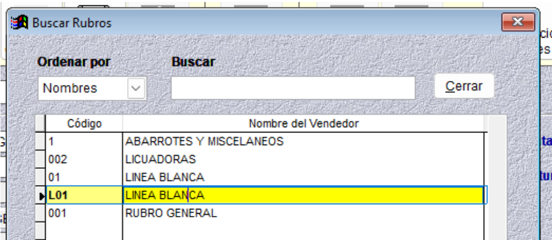Ayuda F4 para código de rubro