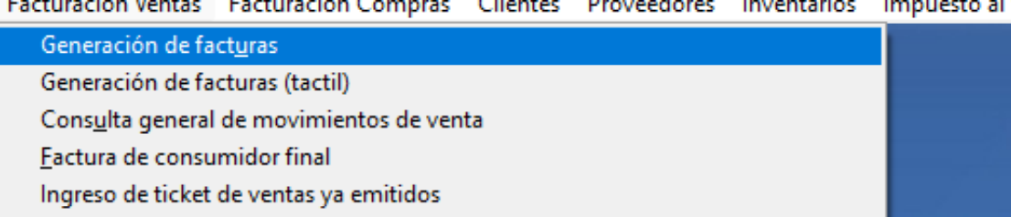 Menú generación de facturas