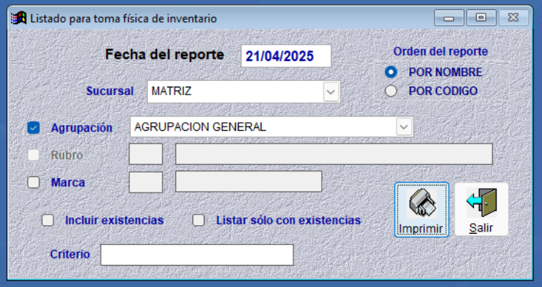 Opciones del listado