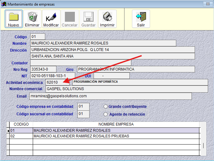 Caja de texto de Actividad Económica